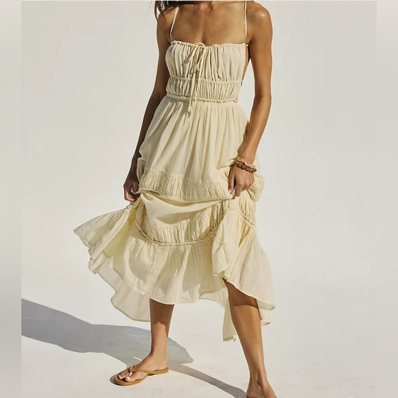 Free People Boho Maxi Dress Cream/White NWT 100% Cotton Adjustable Straps Size L - Picture 4 of 8